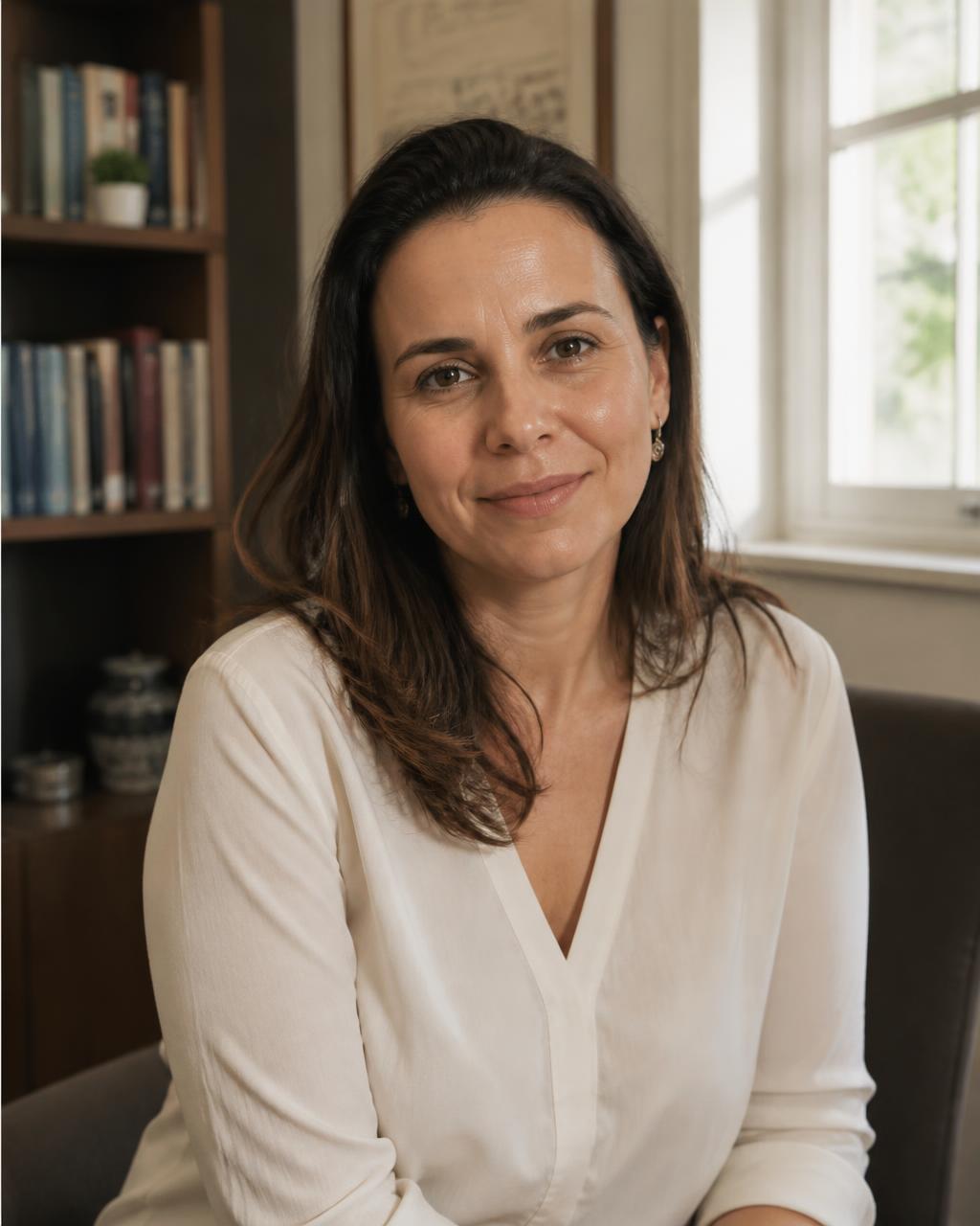 Dra. Marina Alencar, psicóloga especialista em relacionamentos, em seu consultório
