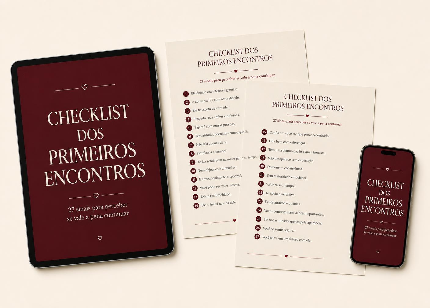 Tablet, folhas impressas e celular mostrando o Checklist dos Primeiros Encontros