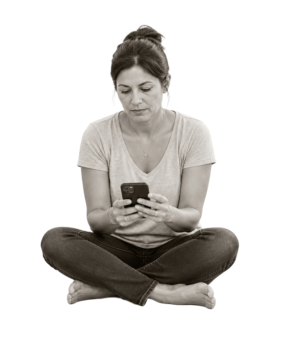 Mulher sentada, pensativa, olhando o celular